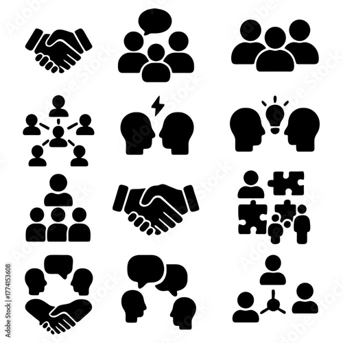 Collaboration and Unity: A collection of icons representing teamwork, communication, and cooperation, symbolizing various aspects of unity and successful collaboration.