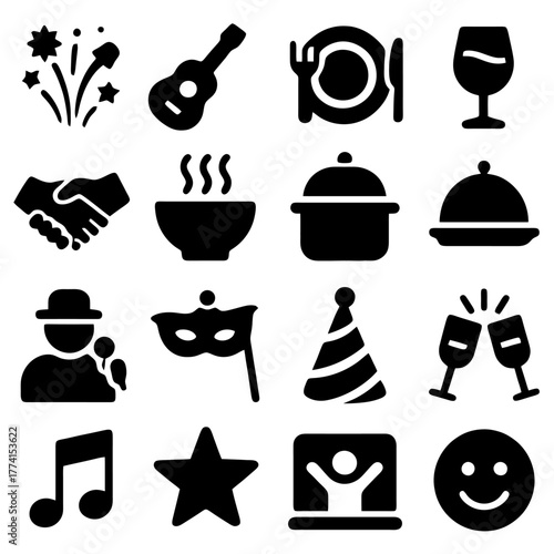 Festive Icons: A collection of meticulously crafted, universally recognizable icons, evoking the essence of joyous celebration and festive gatherings, all arranged in a grid-like fashion. 