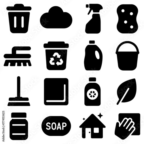 Cleaning Essentials: a curated set of cleaning product icons against a clean, uncluttered presentation. Representing all needs and uses in one place.