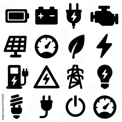 Energy Icon Set: A comprehensive collection of iconic symbols representing various aspects of energy, from electricity and power sources to environmental conservation.