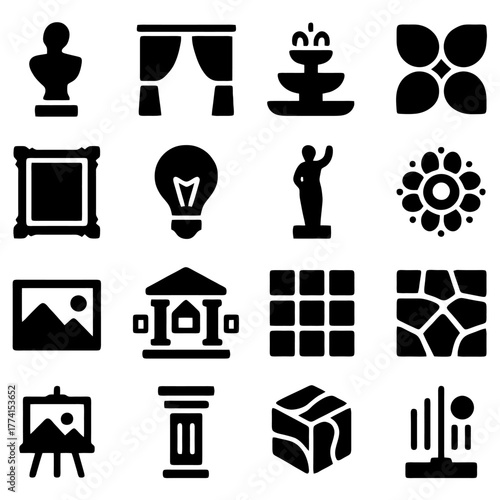 Artistic Elements and Design: A collection of meticulously designed icons representing a diverse array of artistic and architectural elements, perfect for illustrating themes of creativity and design.