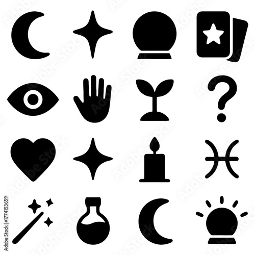 Mystical Symbols in Black: A collection of intriguing black symbols, including a crescent moon, stars, a crystal ball, and tarot cards, is arranged against a backdrop of mystery.