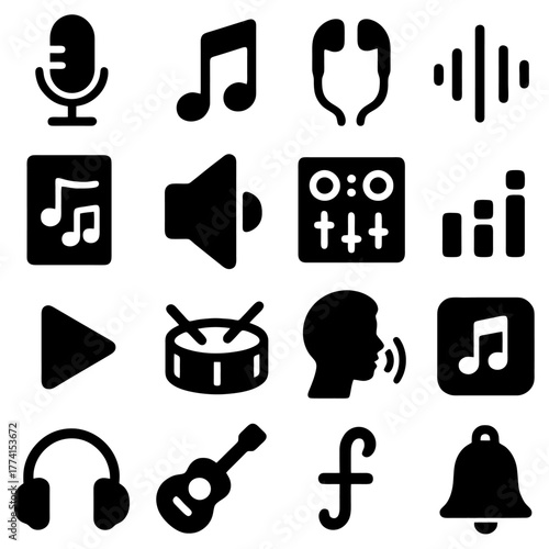 Musical Icon Ensemble: An array of musical icons forms a harmonious collection. The collection is well-composed, expressing music-related subjects.