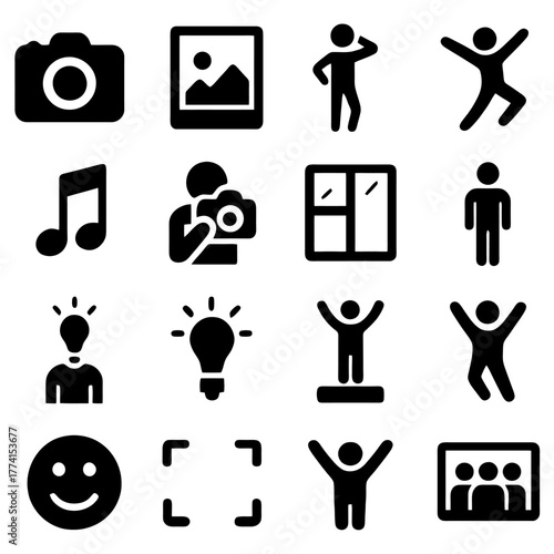 Iconic Image Collection: A diverse compilation of vector icons, embodying elements such as photography, art, ideas, and joy, designed for a modern user experience.
