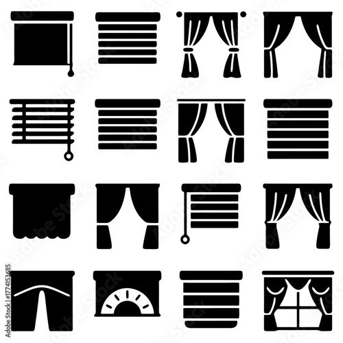 Architectural Elements: A collection of various stylized window coverings including different curtains and blinds in simple graphic representations. 