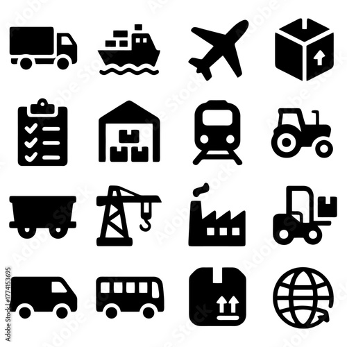 Shipping and Logistics: A comprehensive collection of iconic symbols representing the global shipping and logistics industry. Featuring trucks, ships, airplanes, boxes, trains, warehouses, and cranes.