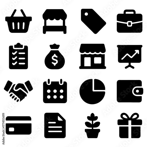 Business and Commerce Icons: A comprehensive collection of iconic symbols representing various facets of commerce and business operations, ideal for illustrative or design needs. 