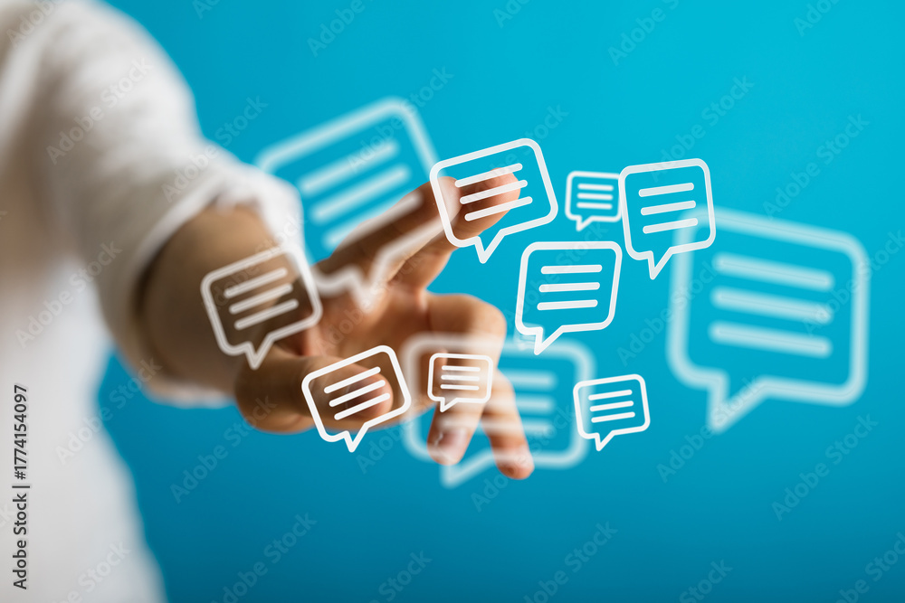 Obraz premium A hand interacting with digitally rendered speech bubbles, representing online communication, social media, and virtual connection on blue backg