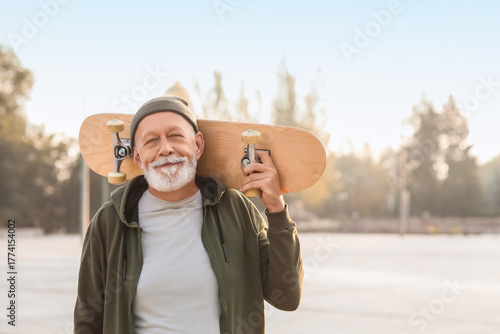 Happy senior man with skate...
