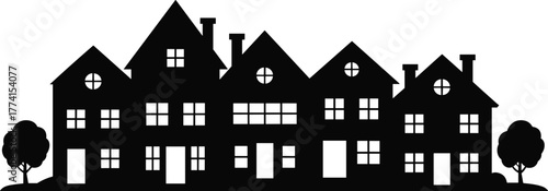 House silhouette row, residential architecture vector, black building shapes, neighborhood design, tree and window icons, urban home illustration, minimal cityscape art
