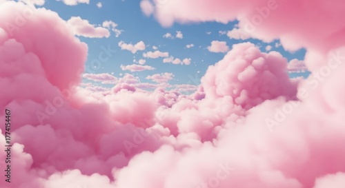 Fototapeta Naklejka Na Ścianę i Meble -  Dreamy pink clouds floating in a bright blue sky with white fluffy clouds