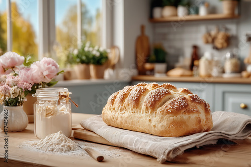 Freshly Baked Sesame Seed Loaf of Bread on Cutting Board in Kitchen