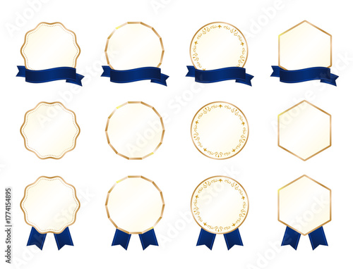 濃紺サテンリボン付き・金箔×アイボリーのフレームの高級感あるラベルバッジ12種セット（円形・六角形・スカラップ・装飾ライン入り・アイボリー地・立体光沢・受賞メダル・ギフトパッケージ・LPキャンペーン用ベクターデザイン）