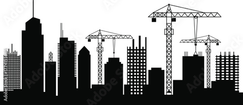 Urban development silhouette, city skyline with cranes, construction scene illustration, black and white architecture art, infrastructure growth chart, modern building sketch