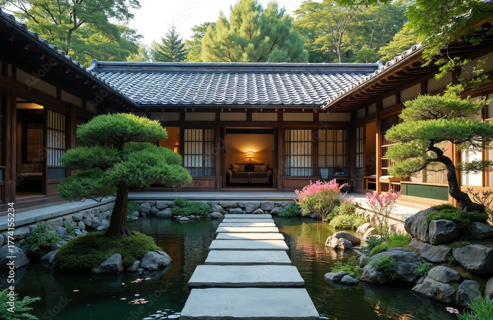 Fototapeta premium Japanese garden view with traditional wooden house. Stone path leads to home. Pond with rocks and plants. Tranquil asian landscape. Travel destination