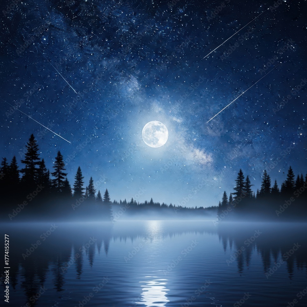 Naklejka premium Mystical moonlight illuminates a tranquil lake reflecting the starry cosmos with meteor shower