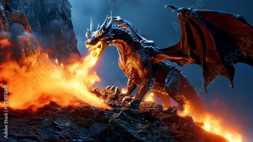 A vivid, highresolution digital artwork of a formidable dragon in a fiery, rocky landscape. The dragon is depicted in a dynamic pose, with its wings spread wide and its mouth open.