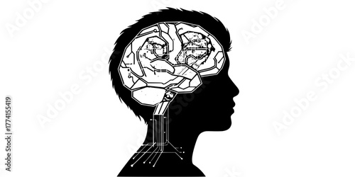 Abstract Mind AI Data Silhouette: Minimal Geometric Brain Profile. Black Vector for Technology, Mental Health, Future, Diversity.