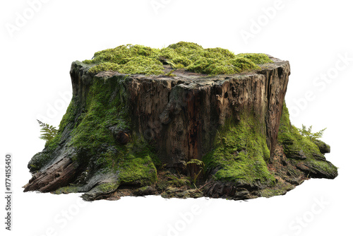 Old moss covered tree stump with ferns on black background green nature, Isolated On Transparent Background, Png Cut Out