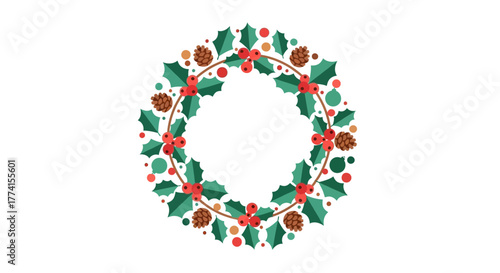 Festive Christmas wreath illustration with holly, red berries, and pinecones. A beautiful circular holiday frame for seasonal greetings