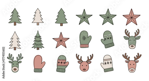 A charming collection of hand-drawn Christmas doodle icons featuring reindeer, festive trees, stars, and cozy mittens for winter holidays