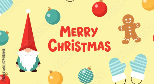 Cute seamless pattern for Christmas with a festive Scandinavian gnome, gingerbread man, and mittens on a cheerful yellow background illustration