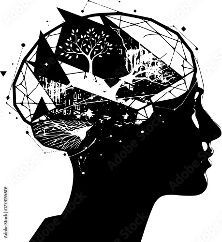 Abstract Mind AI Data Silhouette: Minimal Geometric Brain Profile. Black Vector for Technology, Mental Health, Future, Diversity.
