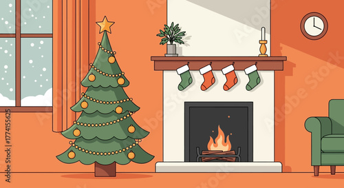A cozy and festive living room illustration with a decorated Christmas tree, glowing fireplace, and stockings hanging for the holidays