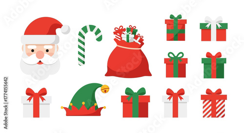 A festive collection of Christmas holiday icons in a flat design style, featuring Santa Claus, gift boxes, an elf hat, and a sack of presents