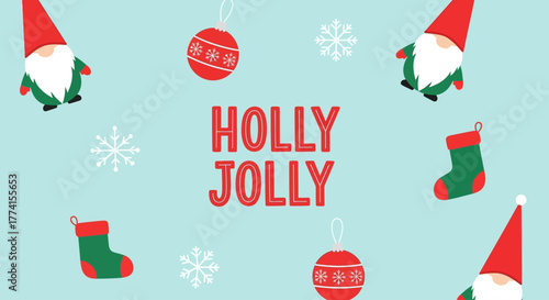 Festive Christmas pattern with cute Scandinavian gnomes, holiday stockings, and decorative baubles on a light blue background with snowflakes