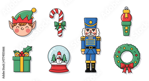 Cheerful Christmas holiday icon set with nutcracker, elf, candy cane, and wreath. A festive vector illustration collection for seasonal decoration