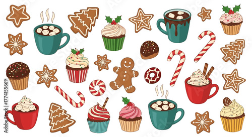 A festive collection of hand-drawn winter holiday sweets, including gingerbread cookies, hot chocolate, cupcakes, and candy canes