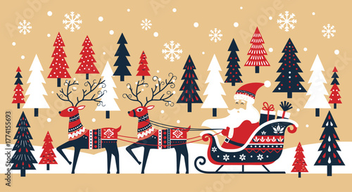Charming folk art illustration of Santa Claus riding his sleigh with reindeer through a snowy Scandinavian-style winter forest