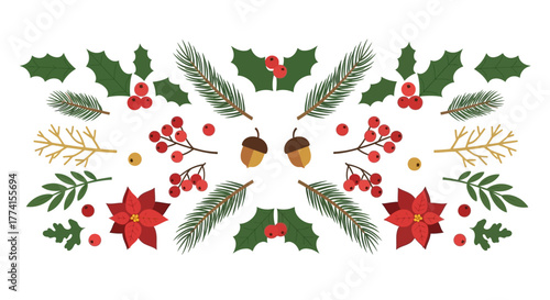 An elegant symmetrical Christmas decoration featuring festive winter botanical elements like poinsettia, holly leaves, pine branches, and red berries on a white background