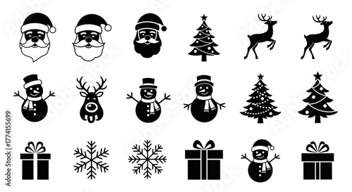 A diverse collection of Christmas holiday silhouette icons. Featuring Santa Claus, reindeer, Christmas tree, snowman, and gift box vector elements