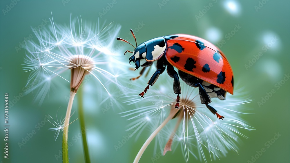Obraz premium Close-Up of Ladybug on Dandelion Seeds | Nature Macro Photography