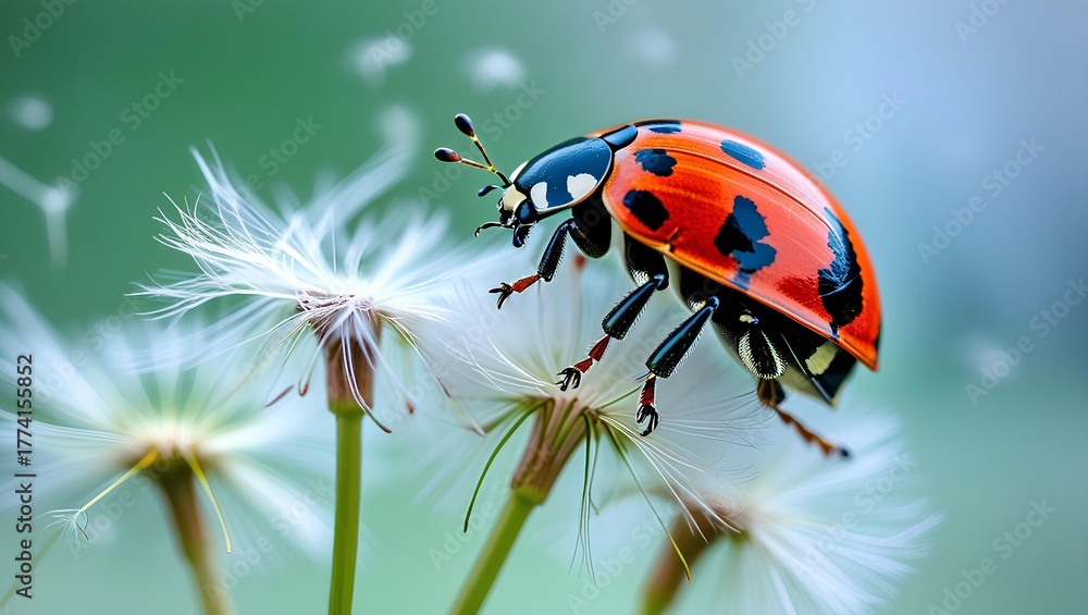 Fototapeta premium Close-Up of Ladybug on Dandelion Seeds | Nature Macro Photography