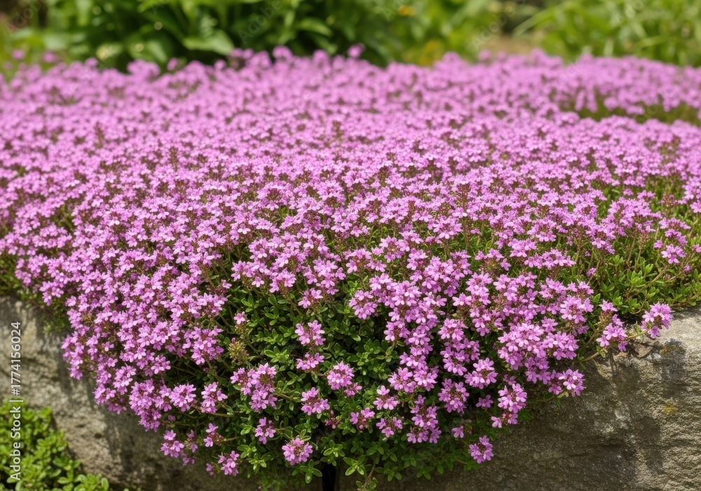 Obraz premium Carpet of creeping thyme in full bloom cascading over a garden wall