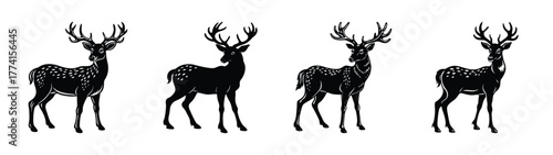 Four black deer silhouette illustration, deer vector art, wildlife design, animal drawing, stag image