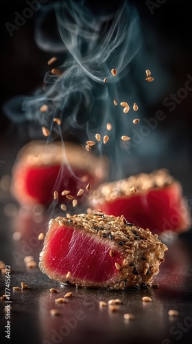 Three rare seared tuna steaks crusted with sesame seeds Smoke rises and seeds fall onto the dark reflective surface