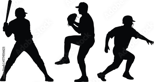 Baseball player silhouettes, action pose icons, batting and pitching graphics, sports movement symbols, black design, athletic figures, minimal vector set