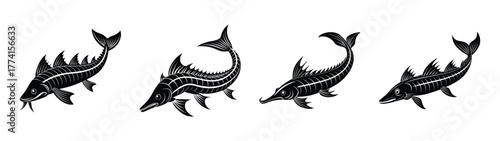 Black and white drawing of stylized fish swimming in a group illustration vector graphic design
