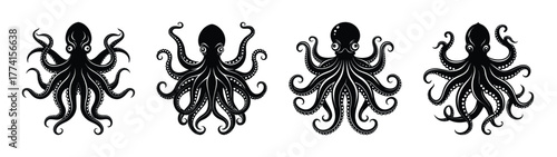 Black octopus vector illustration set of four detailed octopus sea creatures for design needs