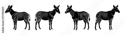 Black and white illustration of okapi group standing together wildlife art design drawing style