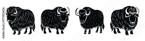 Black and white yak illustration featuring four yaks standing side by side in a row drawing