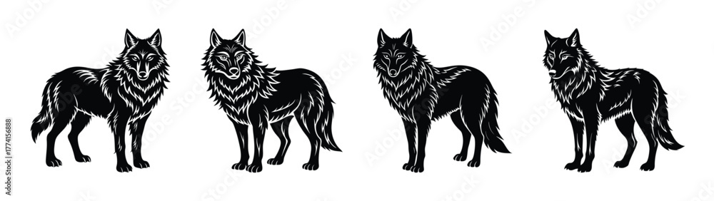 Obraz premium Four black wolf illustration vector art, wild animal drawing, silhouette design, wildlife pack art