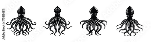 Collection of squid illustrations in monochrome style for seafood and marine life designs