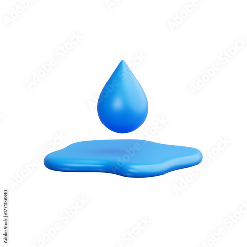 Vibrant blue water drop suspended above a fresh puddle, symbolizing purity and hydration for modern, clean designs.