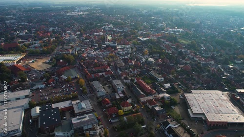 An aerial panorama view above the old town of the city Oldenburg on a sunny spring morning in Germany