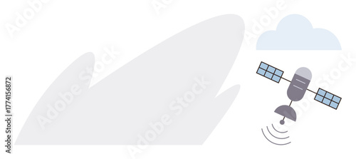 Satellite with solar panels emitting signals, a cloud, and a minimalistic backdrop. Ideal for communication, technology, space exploration, broadcasting, connection, data transfer simple flat